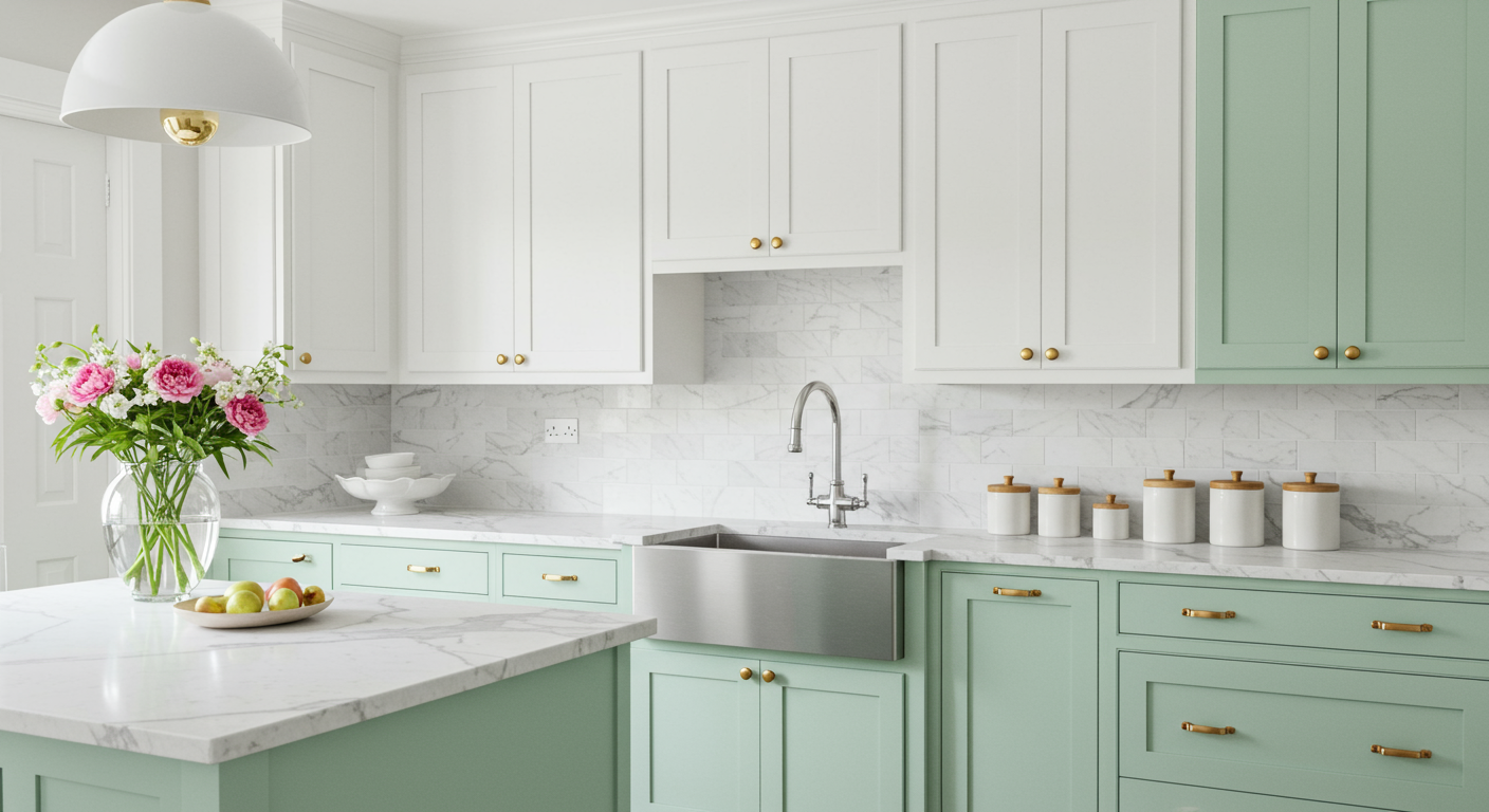 White kitchen with marble surfaces and mint green cabinetry