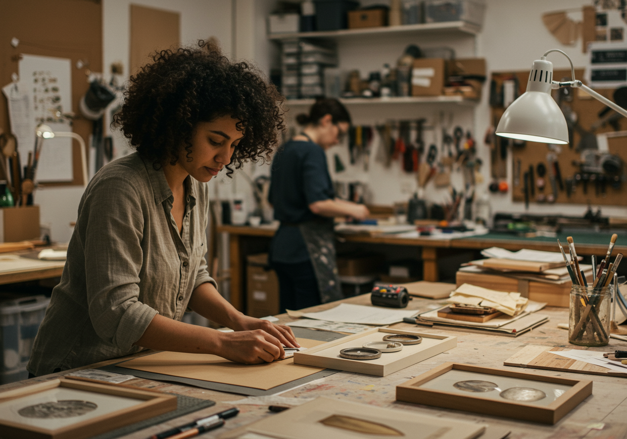 woman working on a frame at FrameWorks Studio of Philadelphia