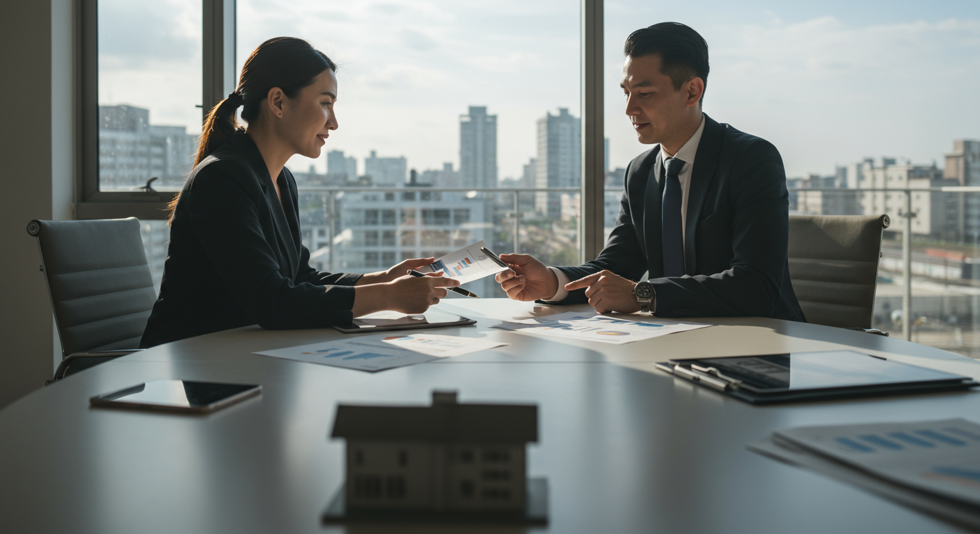Two businesspeople review charts at a conference table, with a house model in the foreground.