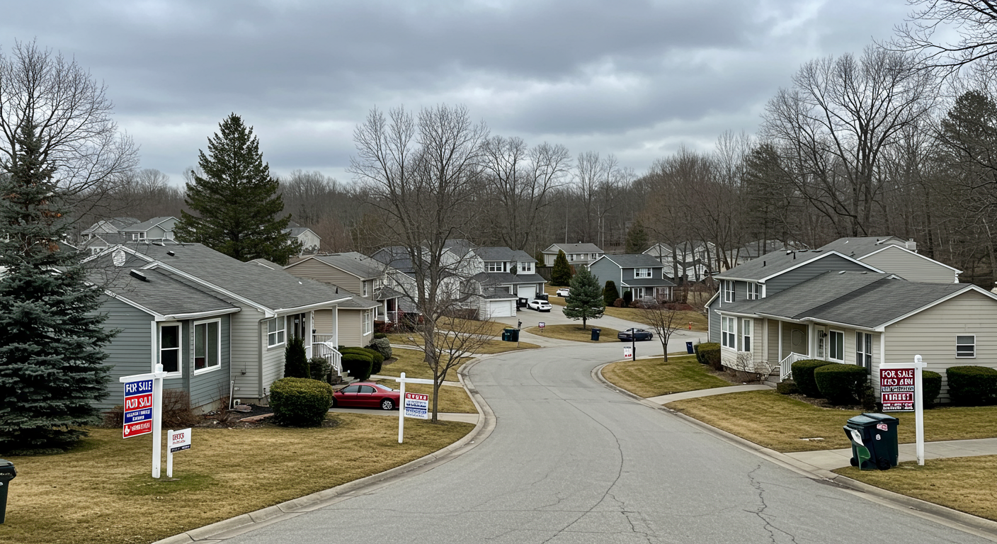 Residential street lined with detached homes and several for-sale signs beneath an overcast sky.