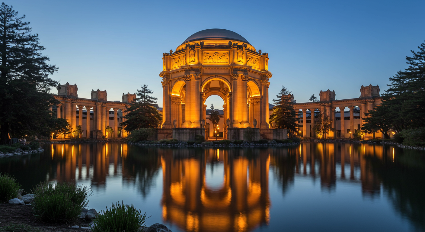 Palace of Fine Arts with lights on at night