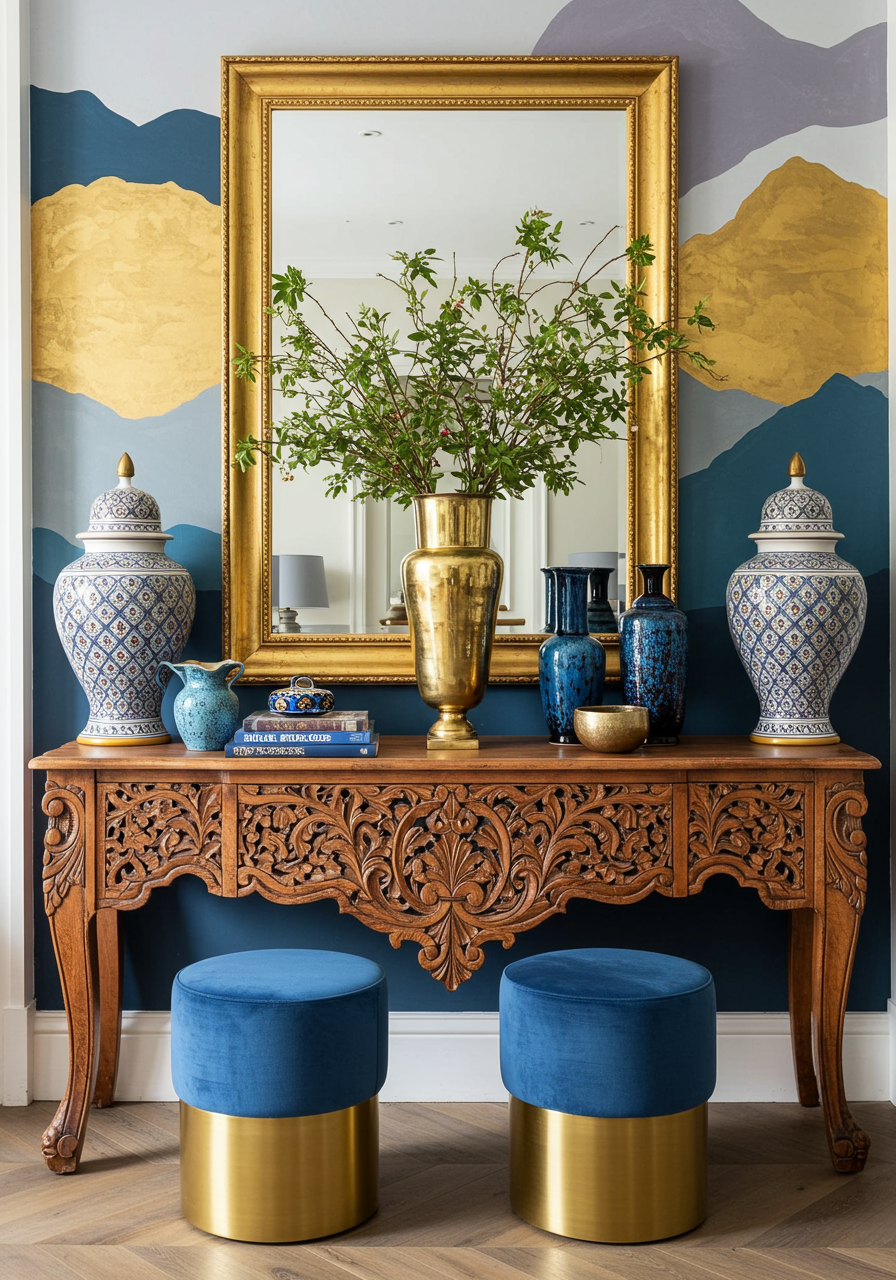 Ornate wood sideboard is topped with gold planter with hanging gold mirror and large painted ceramics.