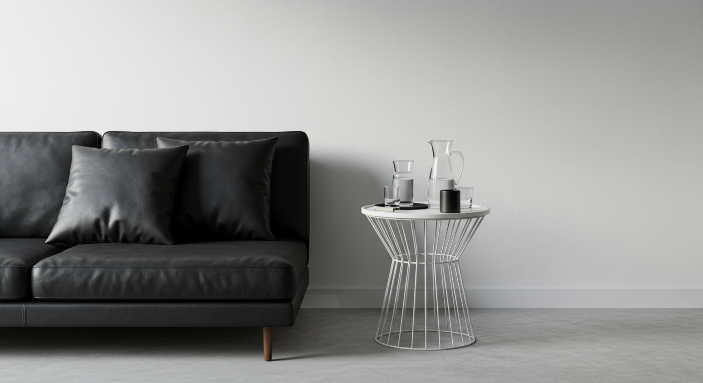 Black Leather Sofa with Metal Coffee Table in Bright Room