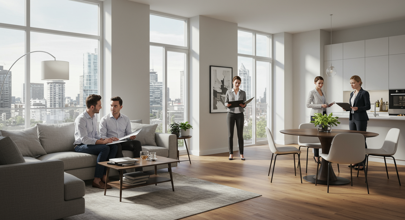 Modern open-plan apartment with floor-to-ceiling city views and people discussing papers.