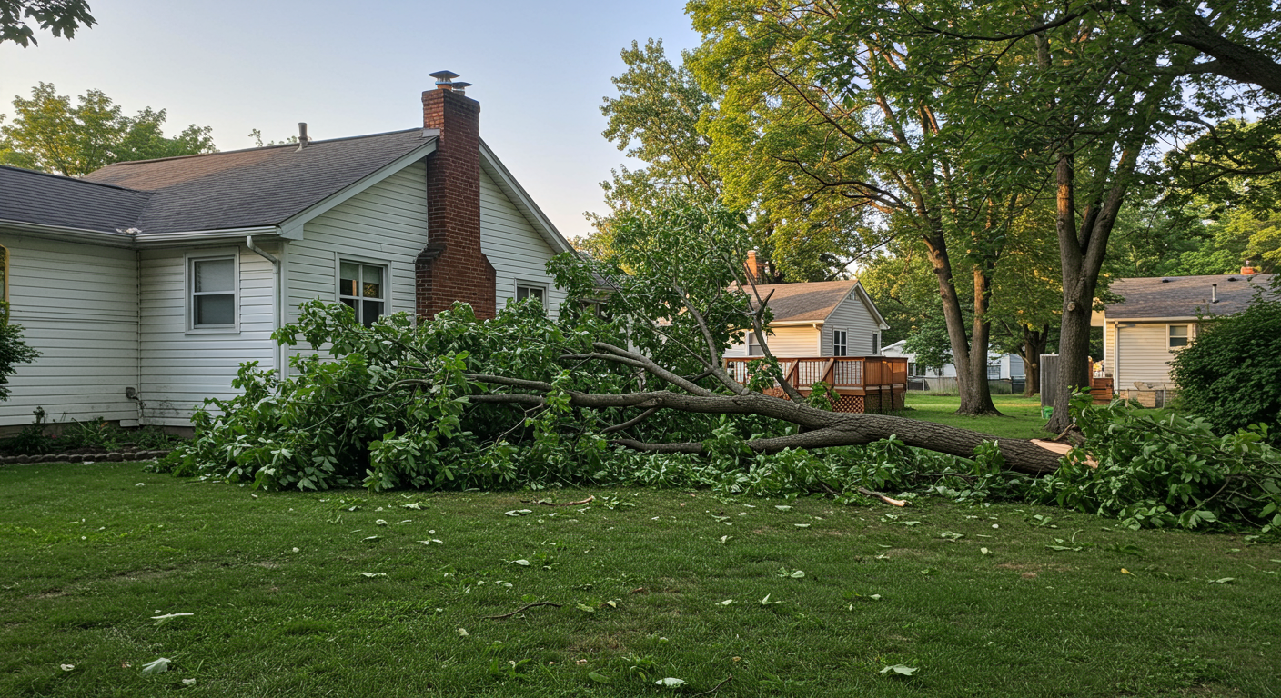 Fallen Tree in the backyard of a house