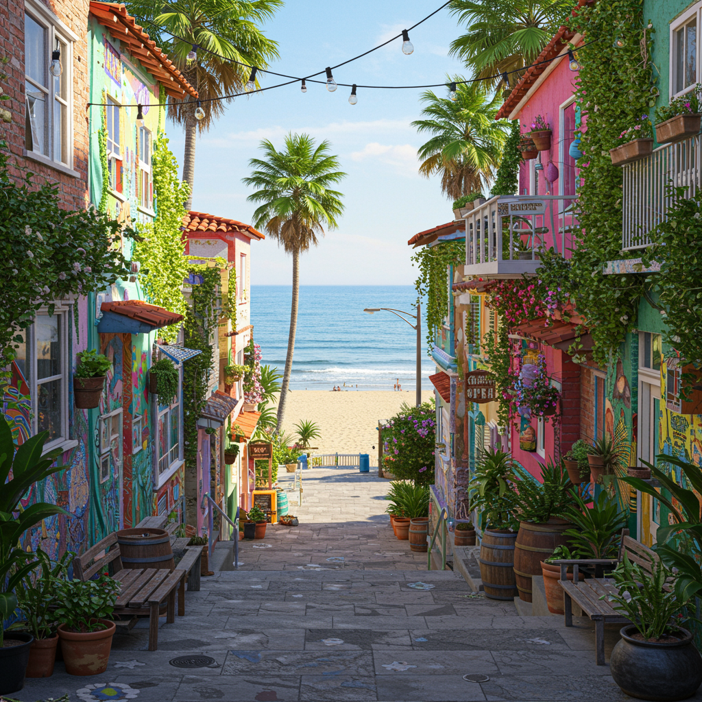 Aerial view of South Laguna Village neighborhood, Laguna Beach, CA, near scenic beaches and shops.