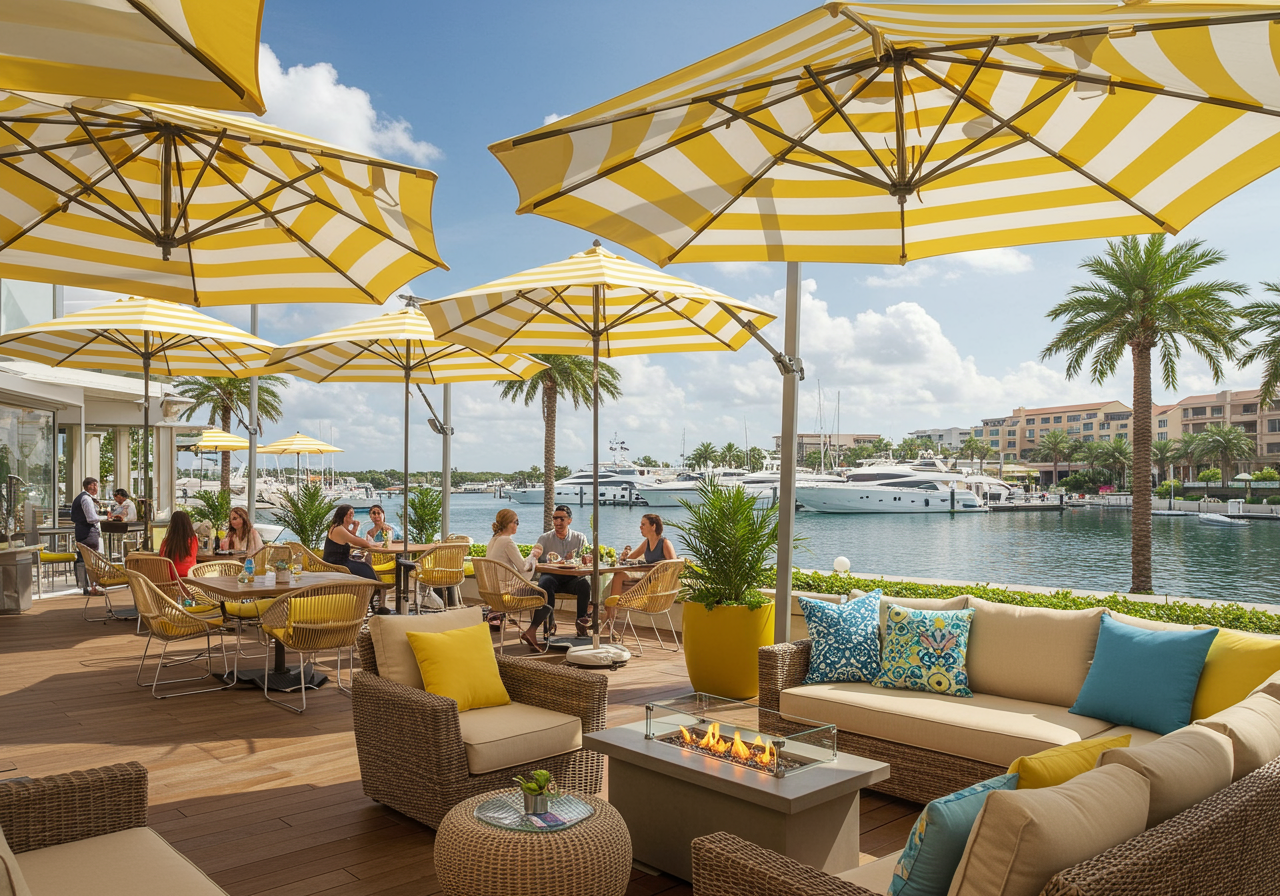 Outdoor dining area with yellow-striped umbrellas at a waterfront restaurant.