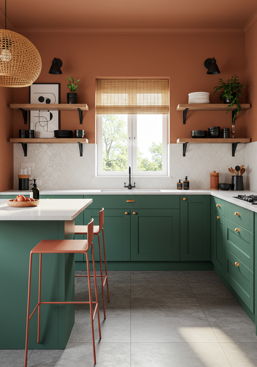 open kitchen shelving ideas, patterned backsplash floating wood shelves, terra cotta colored upper walls, cabinets painted in dunn edwards's ecological green