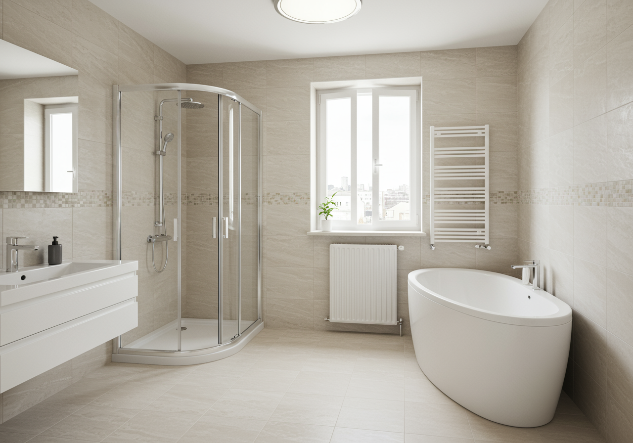 A clean and luxurious bathroom exuding an elegant and refined aesthetic.