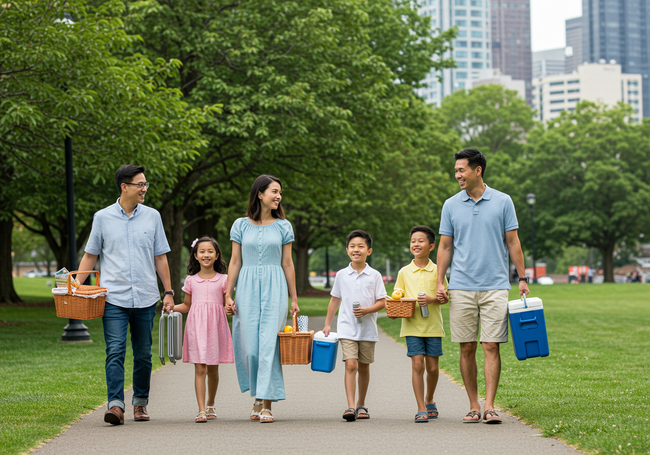 Parents and children (5-13) entering park with picnic gear
