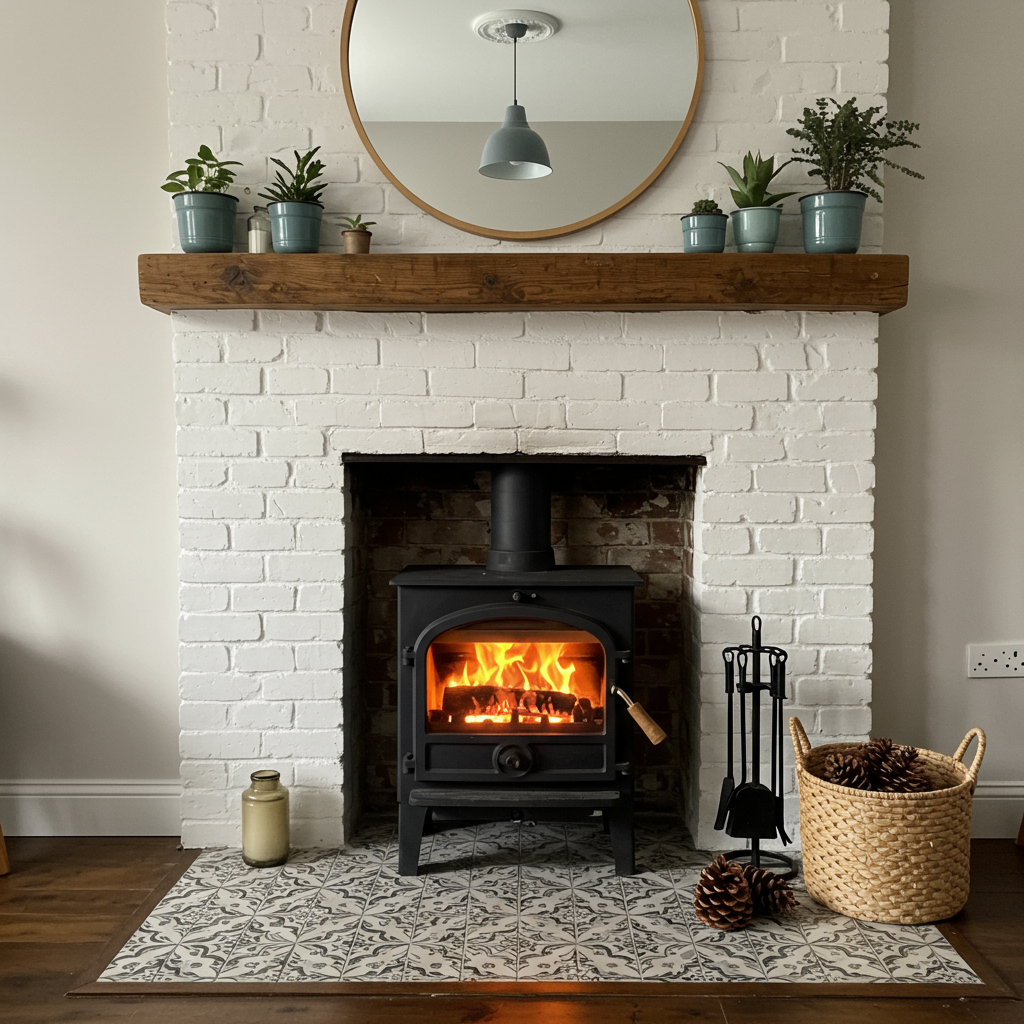 A beige-painted brick fireplace with black slate tiles