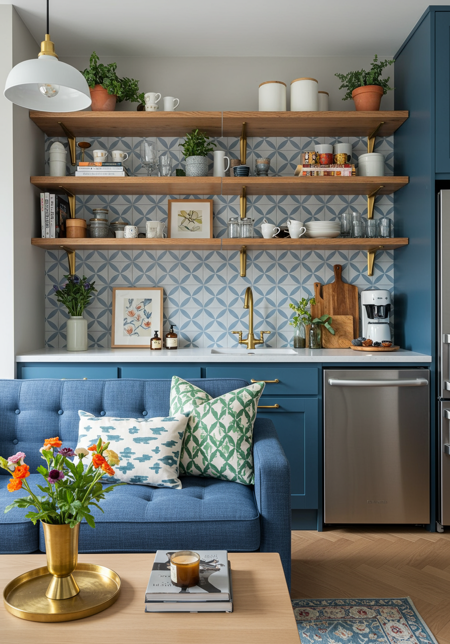 a small kitchen features blue cabinetry with golden handles, complemented by a minimalist countertop and a sleek stainless steel refrigerator