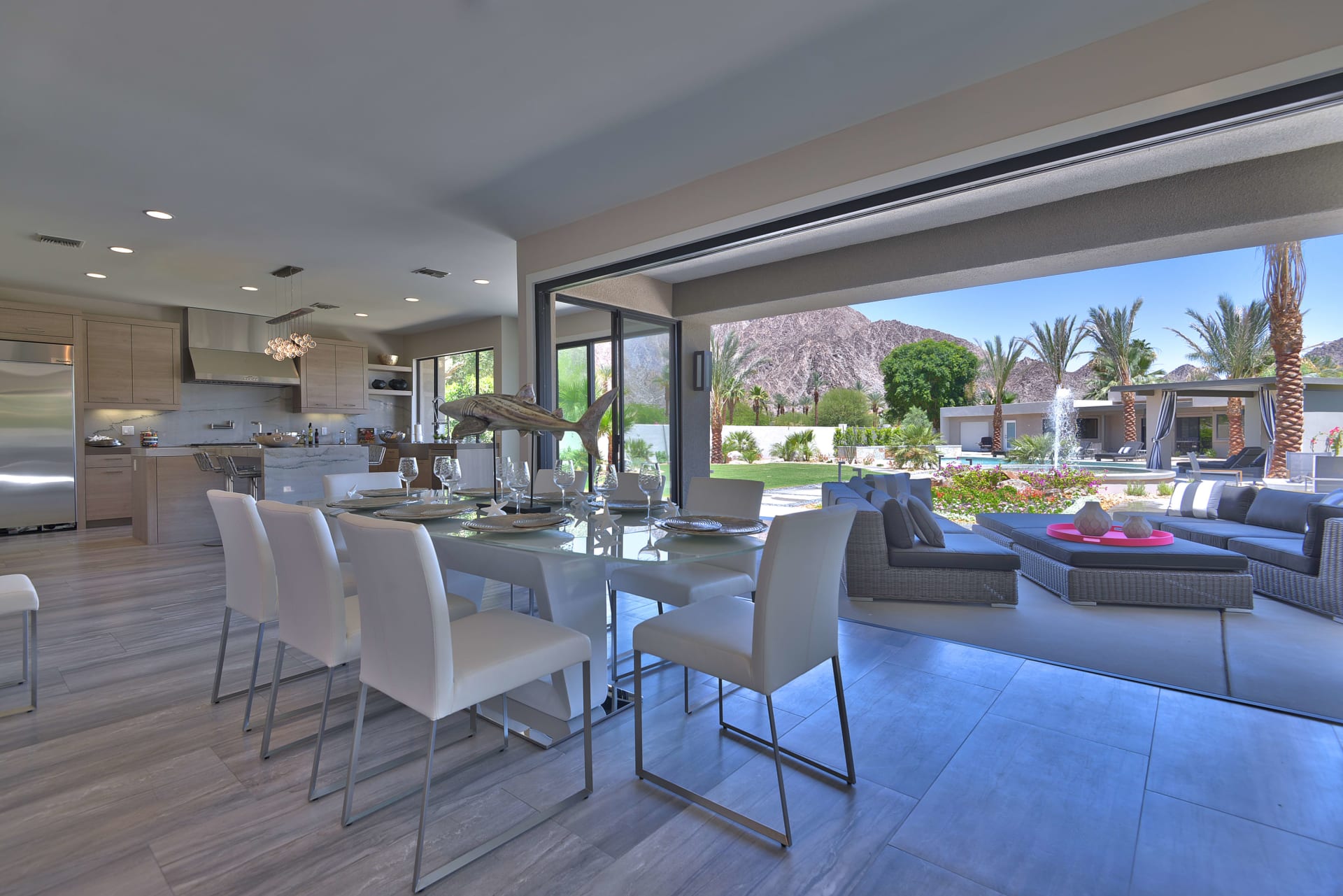 A modern dining room with a sleek dining table