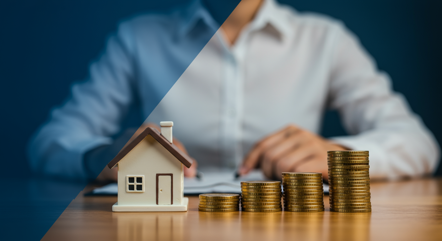 Miniature house beside rising stacks of coins on a wooden table.