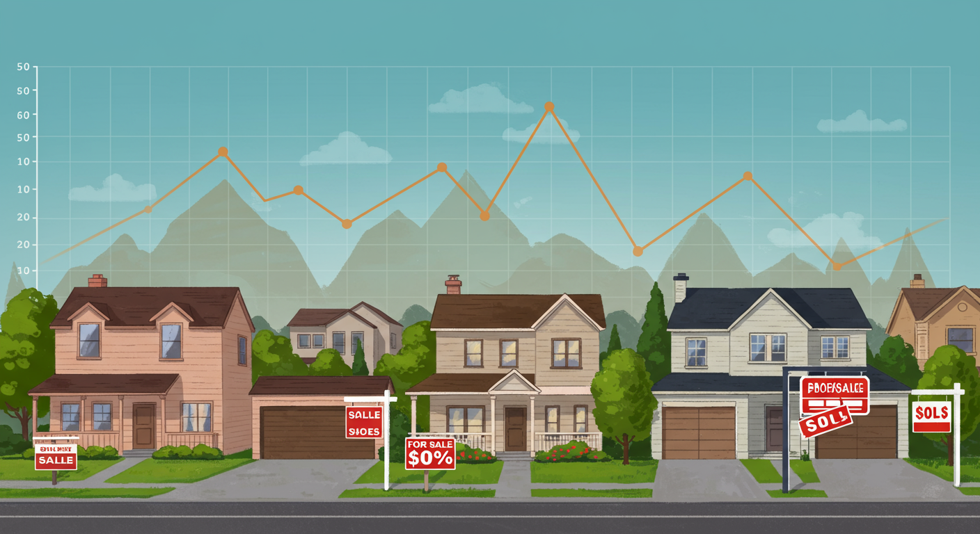 Real estate market illustration with an orange trend line above houses marked for sale and sold.
