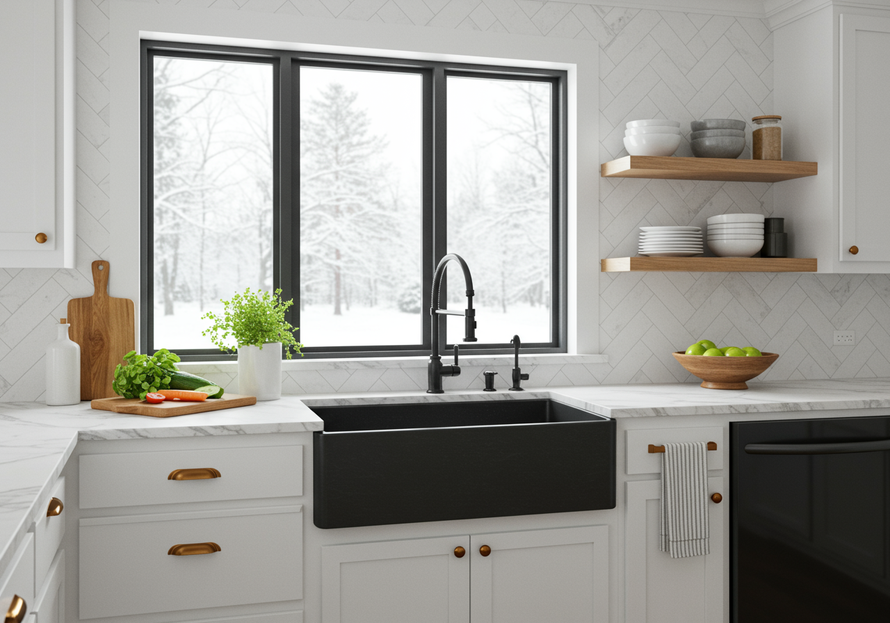 white kitchen cabinets and gray sink