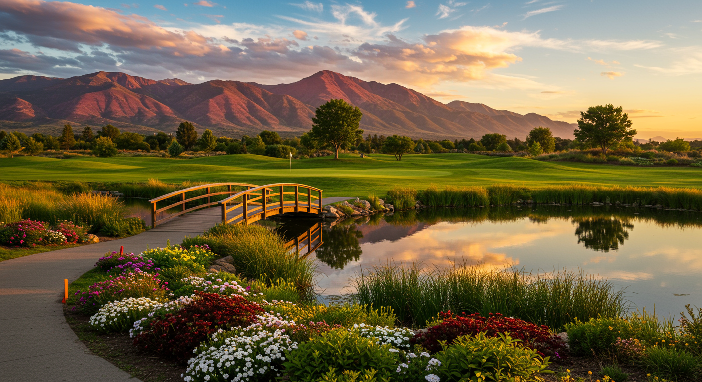 A golf course with a pond and a bridge, surrounded by lush green grass and trees