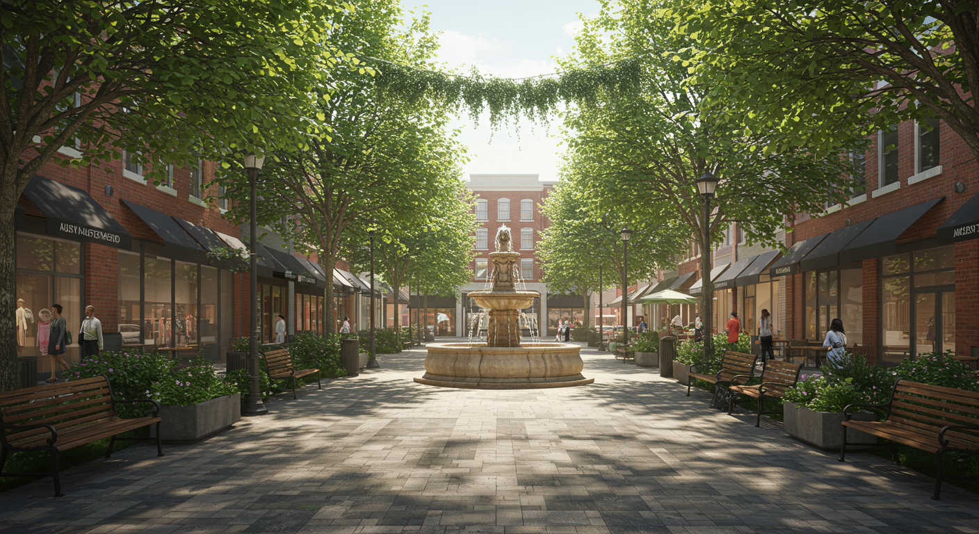 Downtown Santa Ana street with trees and fountain