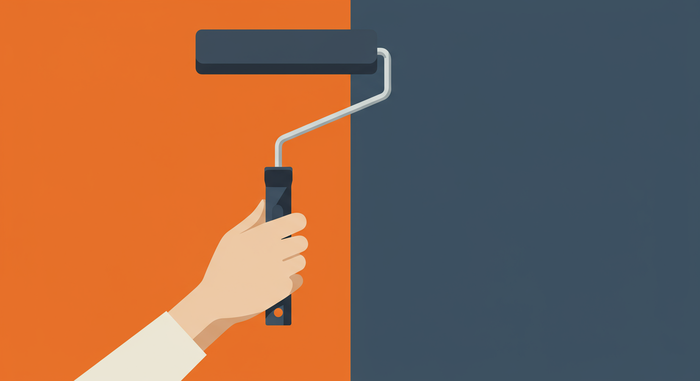 A hand holds a paint roller against a background split between orange and dark blue.