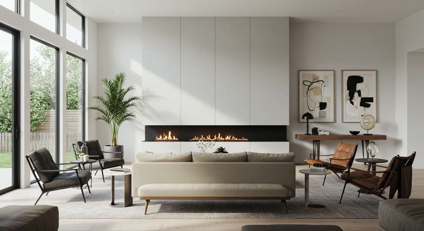 A living room space with white walls and a modern fireplace, with floor-to-ceiling windows to the left.