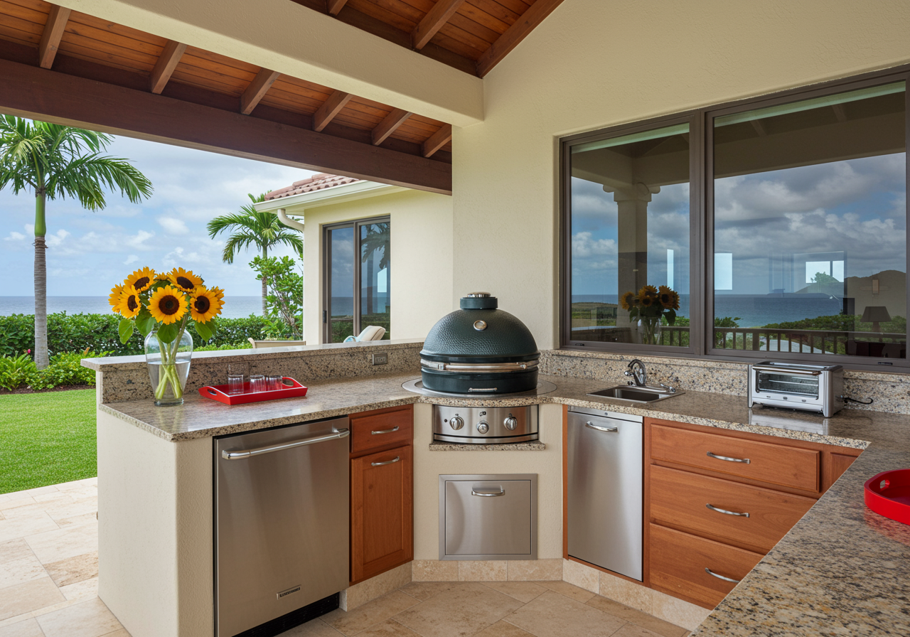 Outdoor kitchen on lanai of Kohala Ranch home