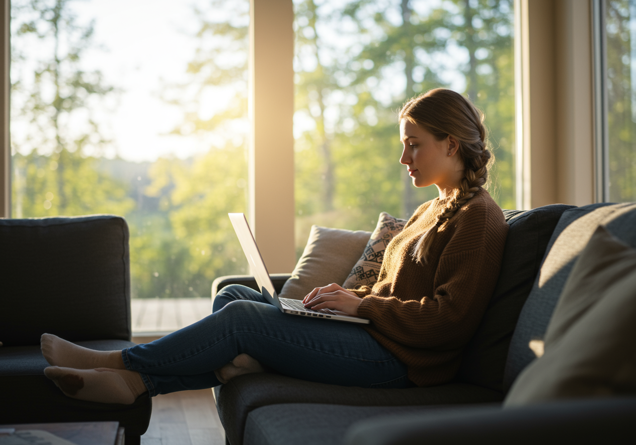 Low angle view of a woman sitting on a sofa looking at her laptop.