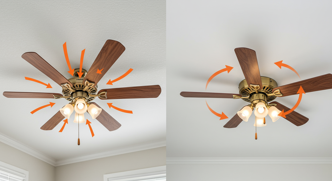 Side-by-side shots of ceiling fans with arrows showing what direction the fan should be turning for Winter.