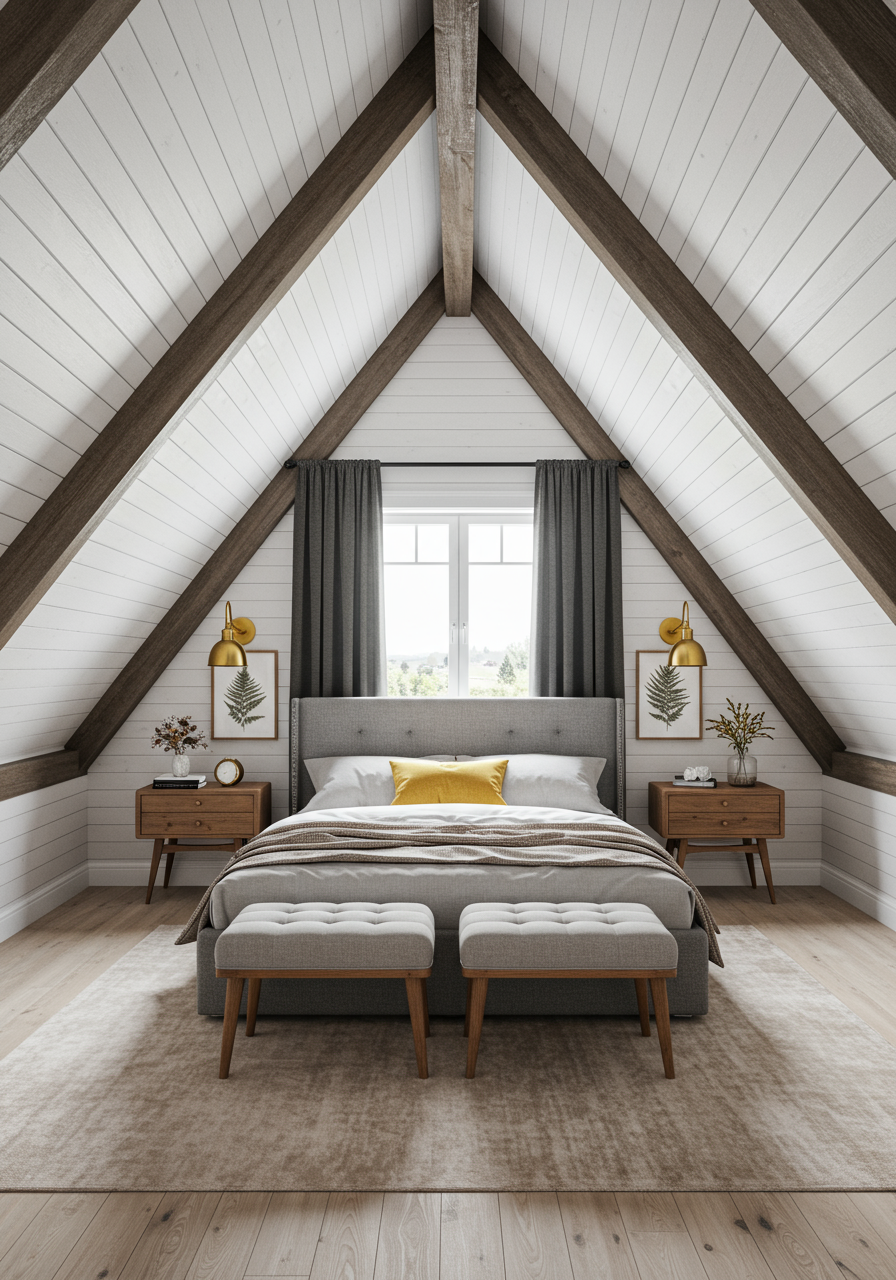 exposed beams white walls modern cabin bedroom