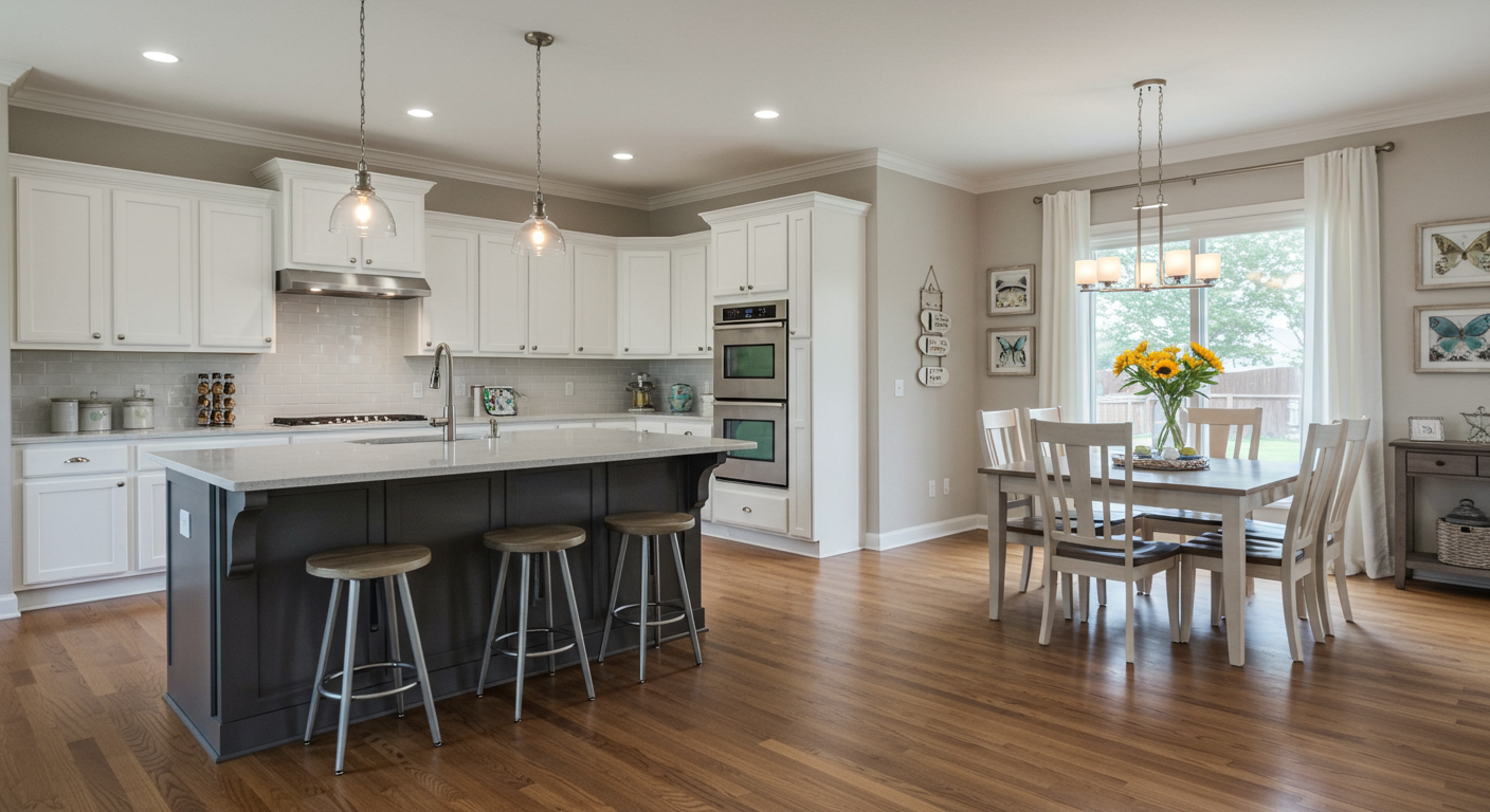 Open kitchen and dining area with warm hardwood floors, a dark island, and a sunlit dining table.