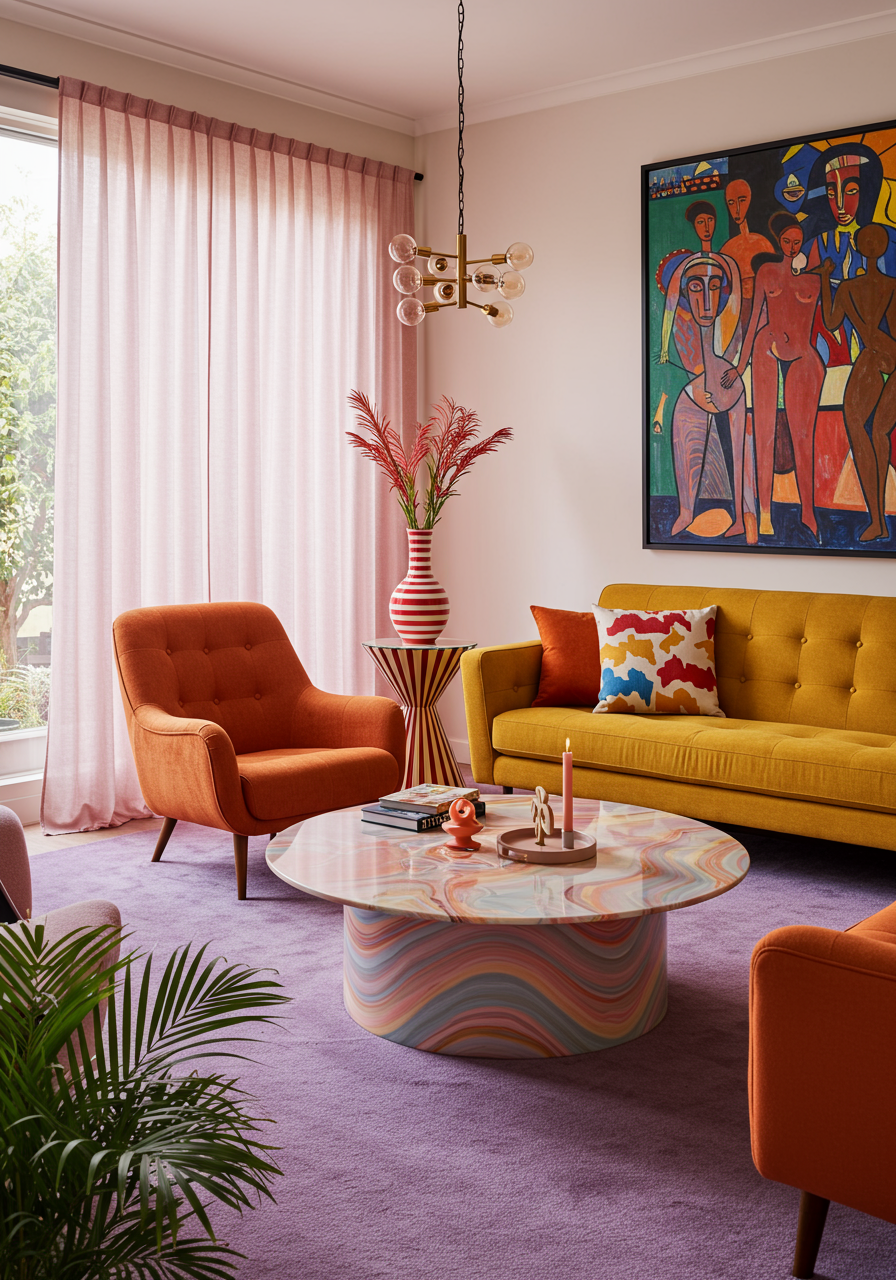 amsterdam home of actor carice van houten designed by nicole dohmen of atelier nd interior living room sofas baxter green vintage afra and tobia scarpa, sit on vintage orange coffee table kooij painting peggy kuiper side table custom, atelier nd interior curtains