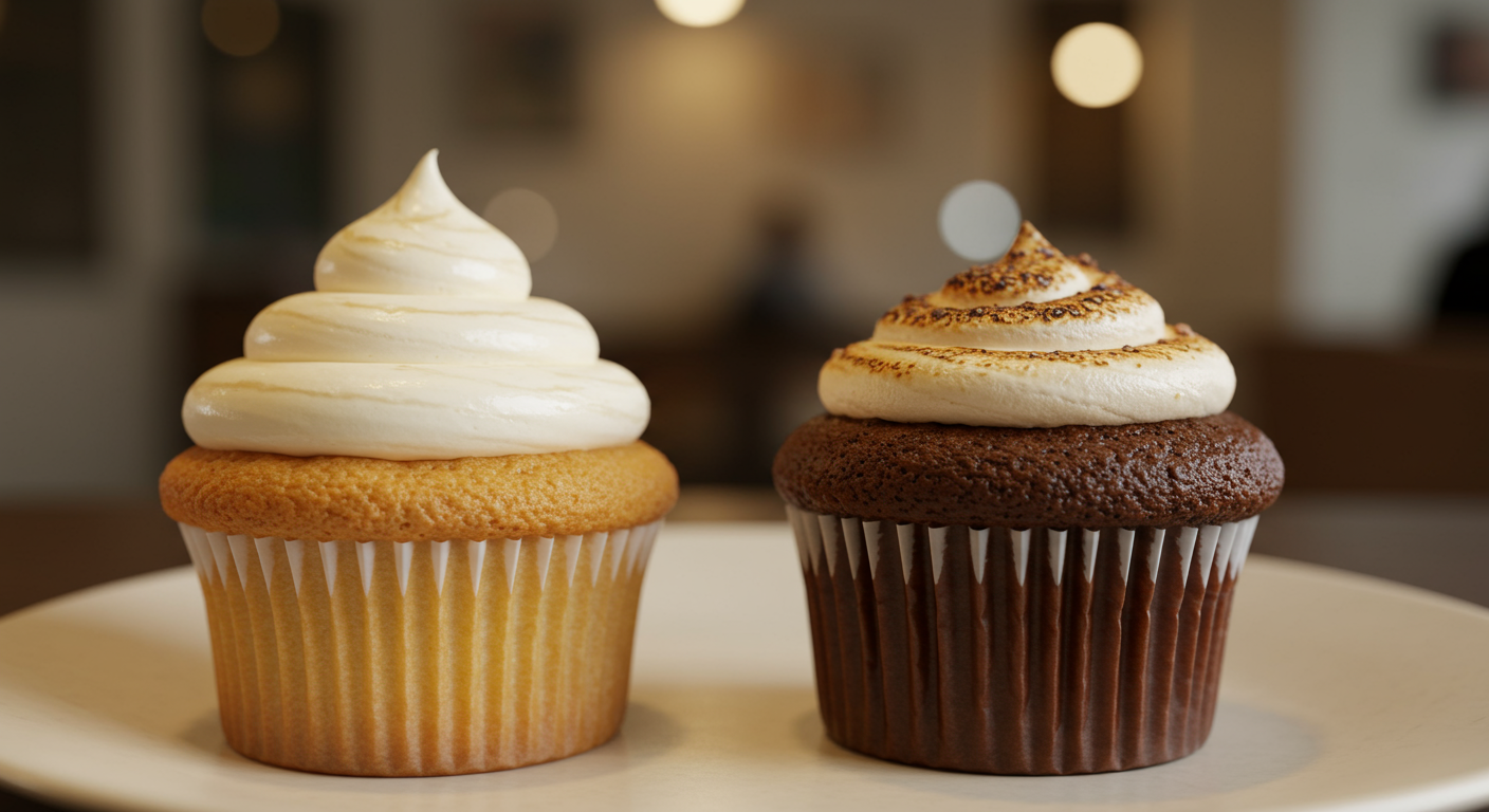 Vanilla and chocolate cupcakes with tall white frosting, one topped with toasted frosting.