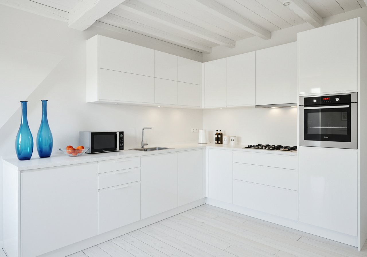 Modern white condo kitchen with exposed ceiling beams and blue glass vases on the counter.