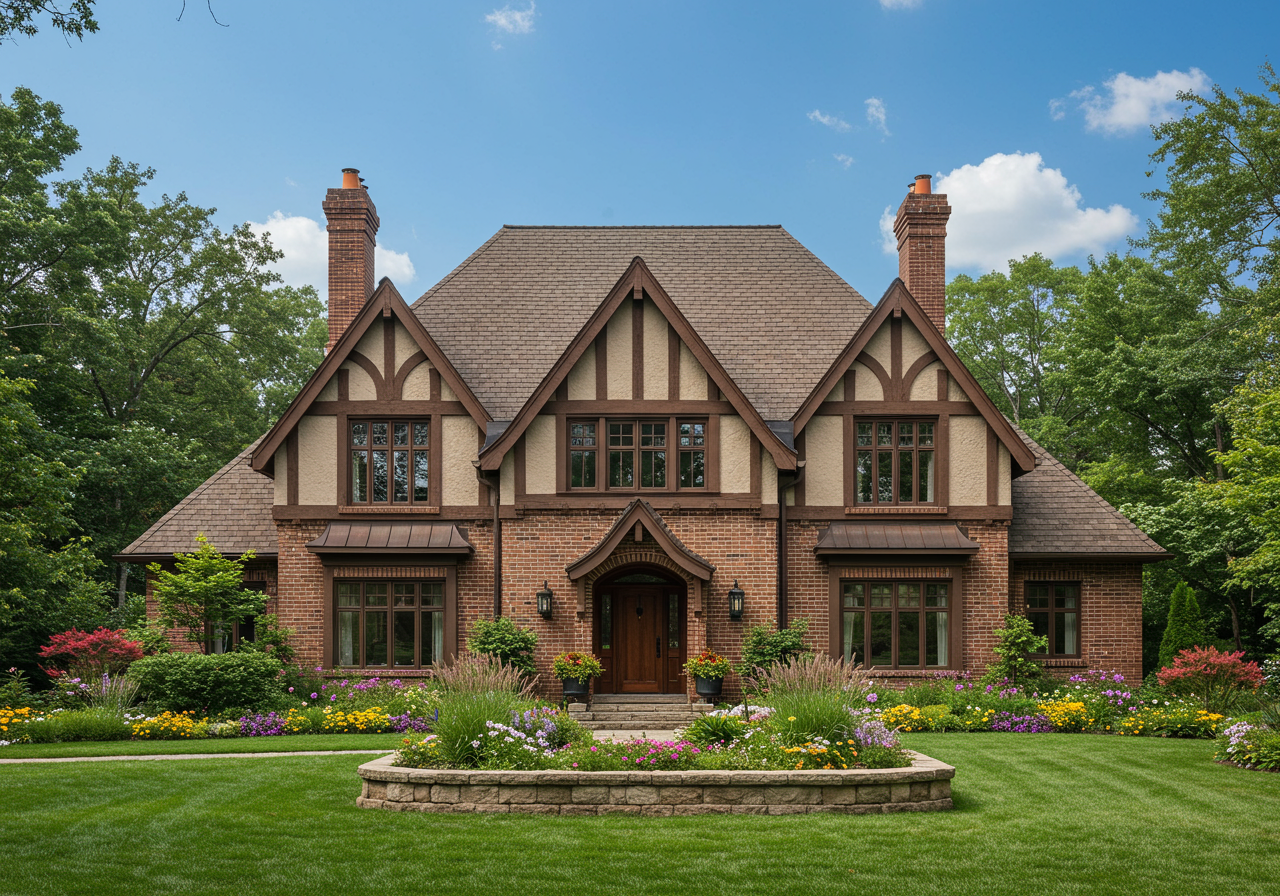 Tudor-style brick house with steep gables, half-timbering, and a colorful front garden.