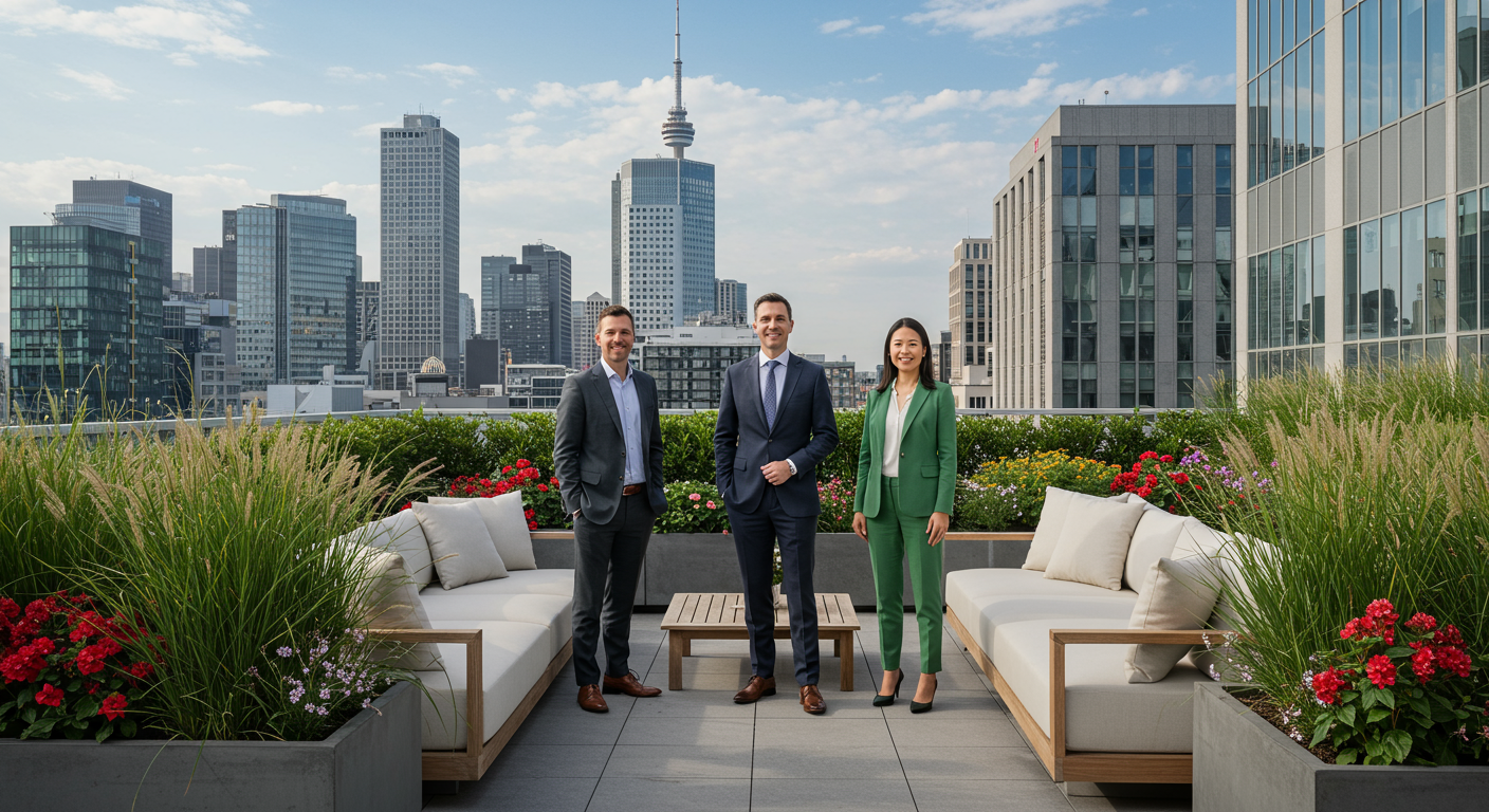 Three professionals stand on a rooftop terrace with city skyline views, surrounded by greenery and colorful flowers.