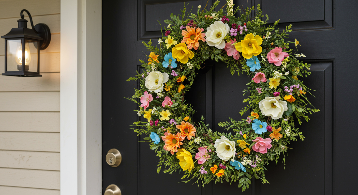 A spring-themed wreath hanging on a black door