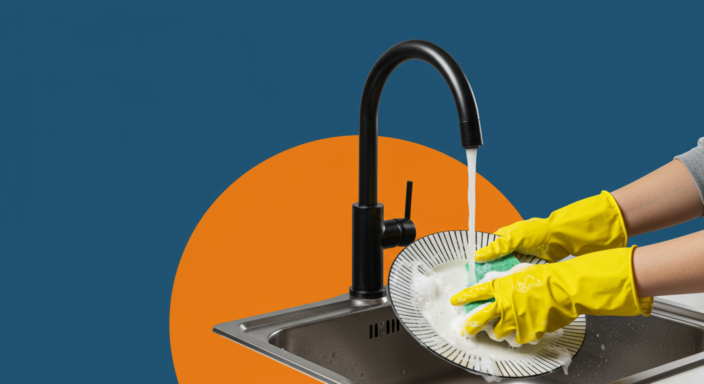 Gloved hands scrub a soapy plate under a running kitchen faucet.