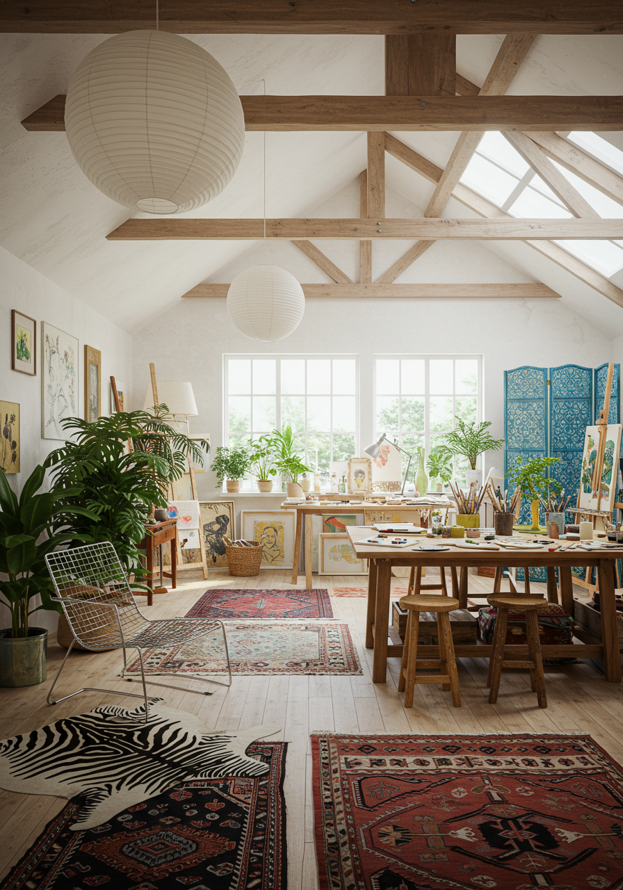A space with skylights, white walls, a table stacked with brushes on an ornately-patterned carpet and a paper pendant lamp suspended from the ceiling.