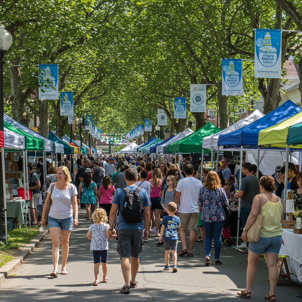 Visitors browse colorful vendor tents at a busy outdoor market beneath leafy trees.