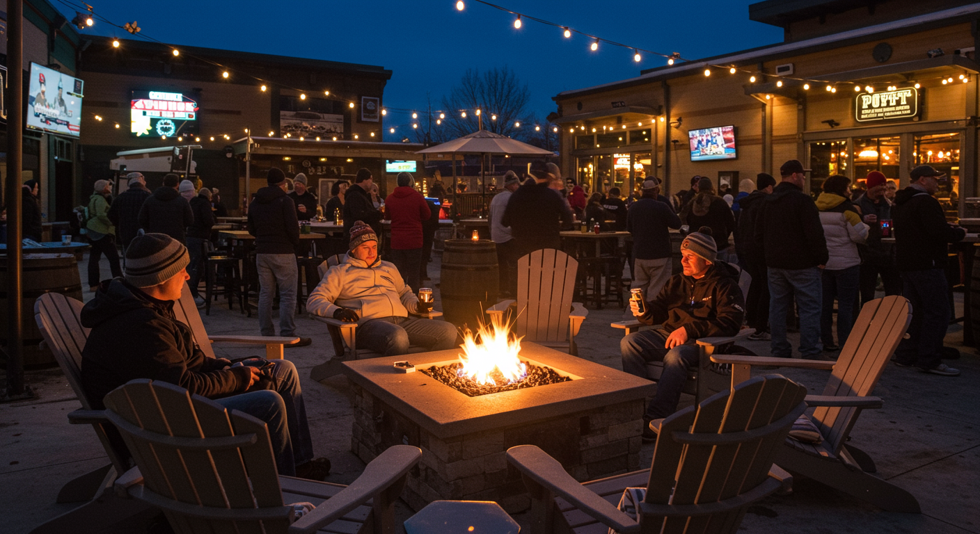 An outdoor fire pit surrounded by Adirondack chairs.