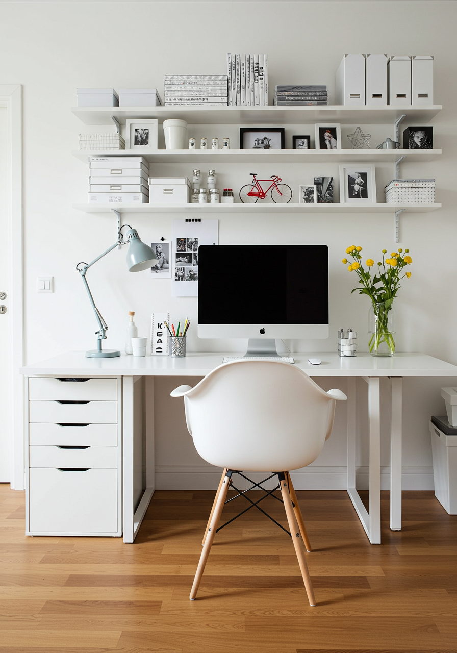 white minimalist built-in office shelves midcentury chair ikea rolling units