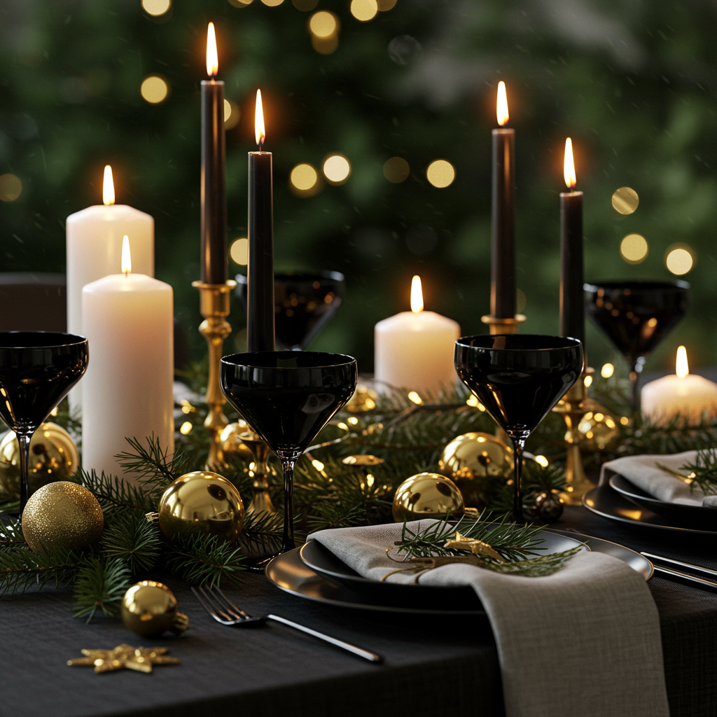 holiday table set up with candle lights, fir tree branches and christmas balls