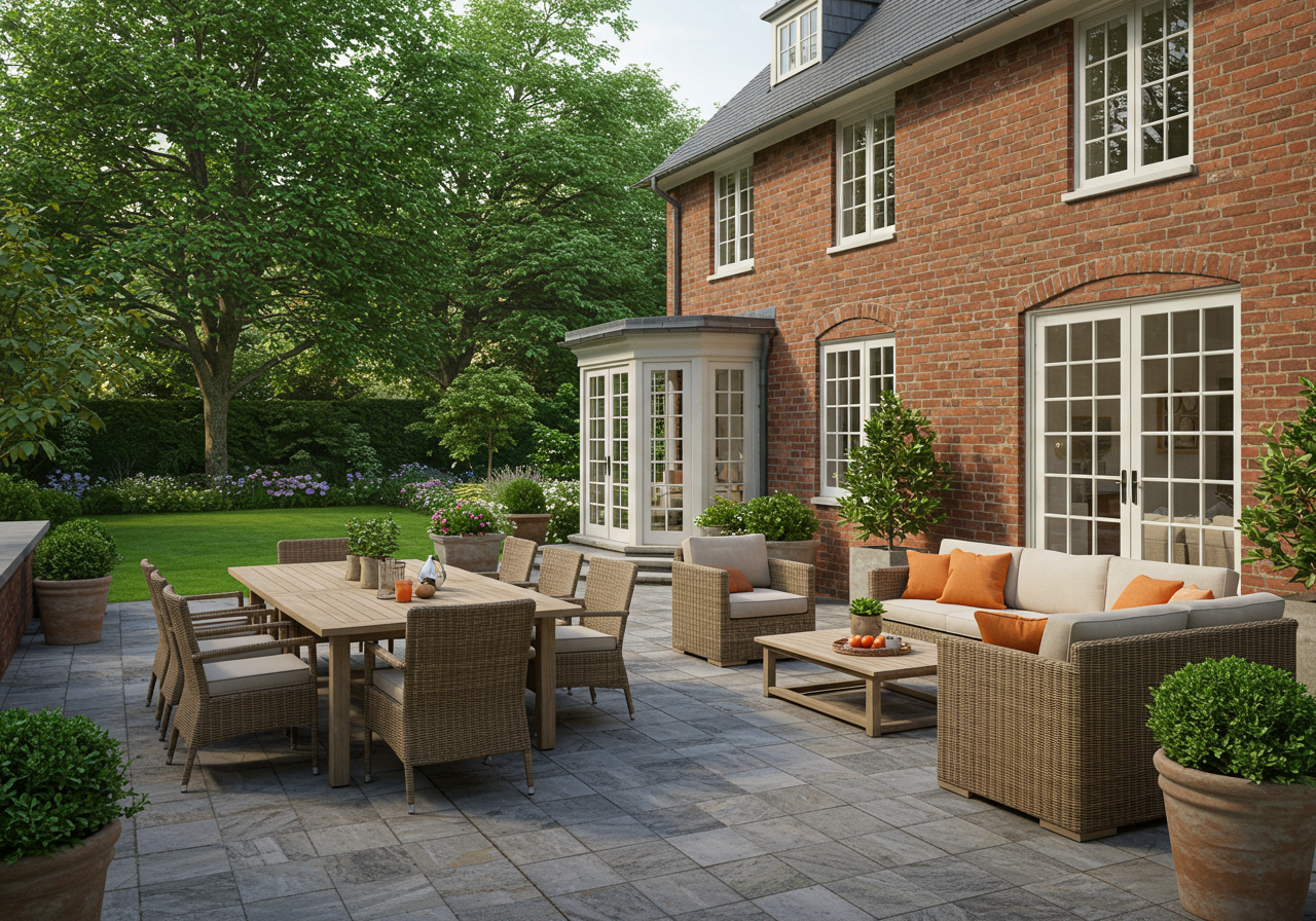 Brick house patio with wicker dining and lounge furniture, potted plants, and a leafy garden.