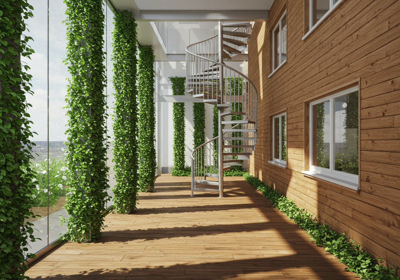 Grapevines grow over the spiral staircase that leads to the roof terrace. 