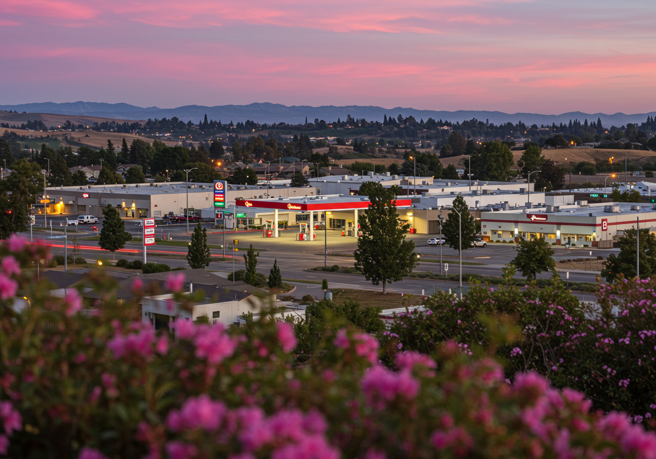 Sunset skyline view of the Anaheim Hills area of Anaheim, California, USA.