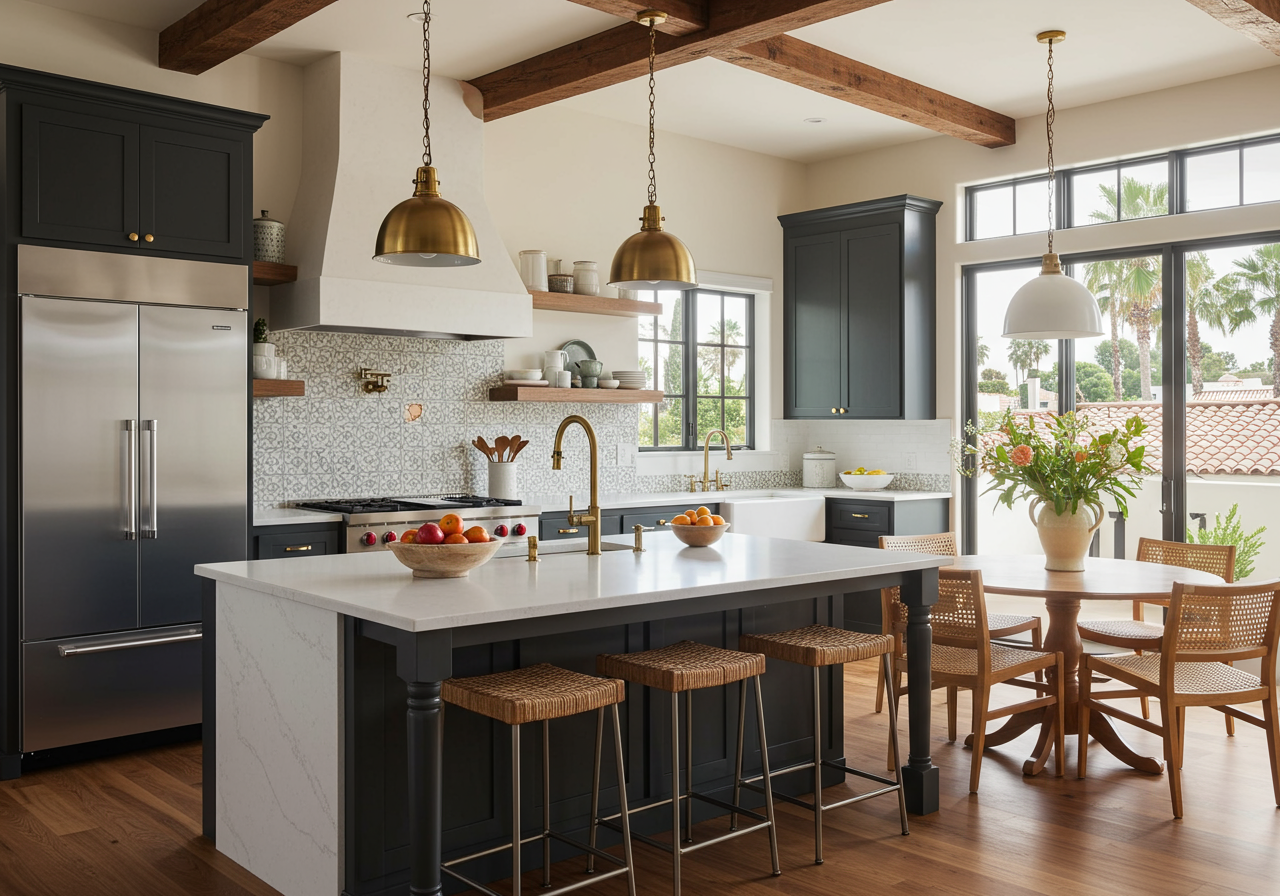 a spacious kitchen featuring a central island with a white countertop, surrounded by a sleek cabinetry in dark shades