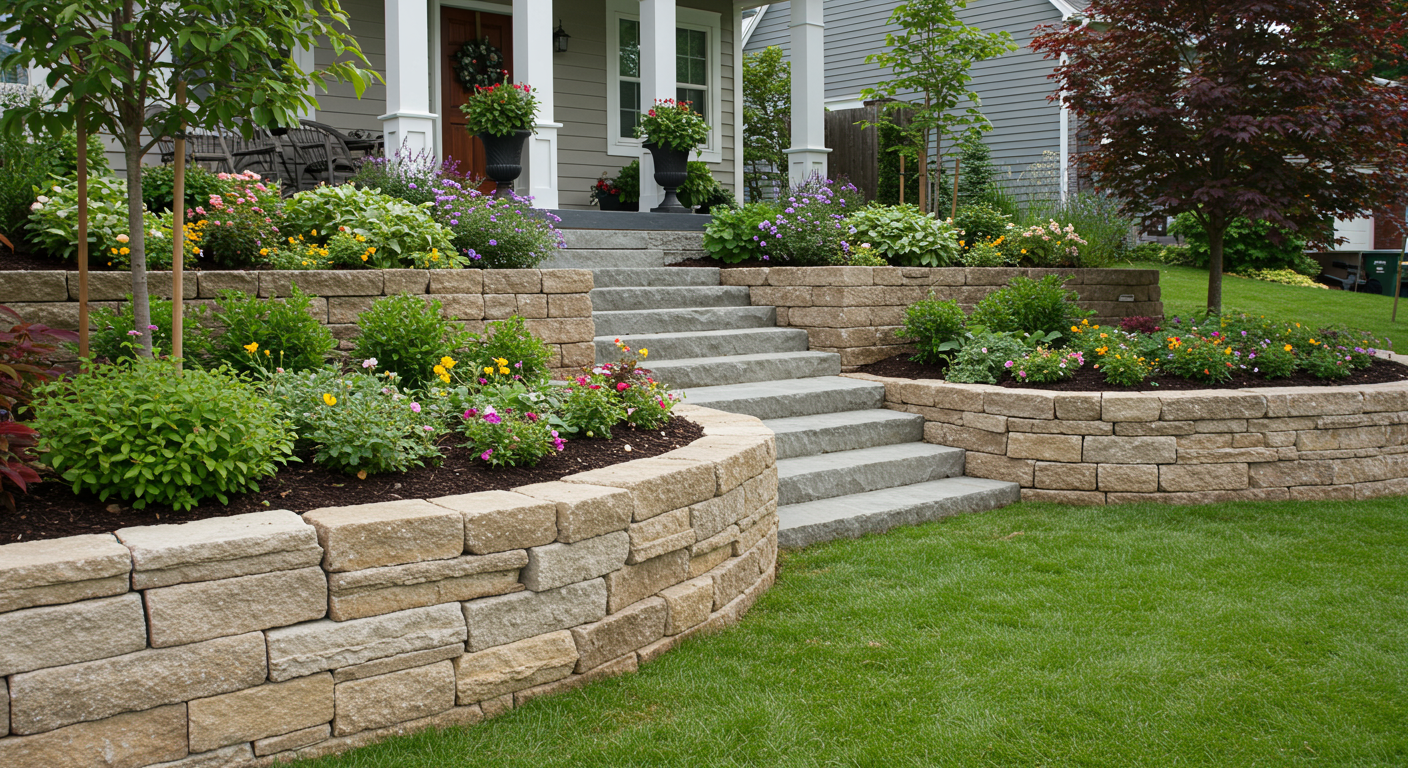 A garden with natural stone retaining walls