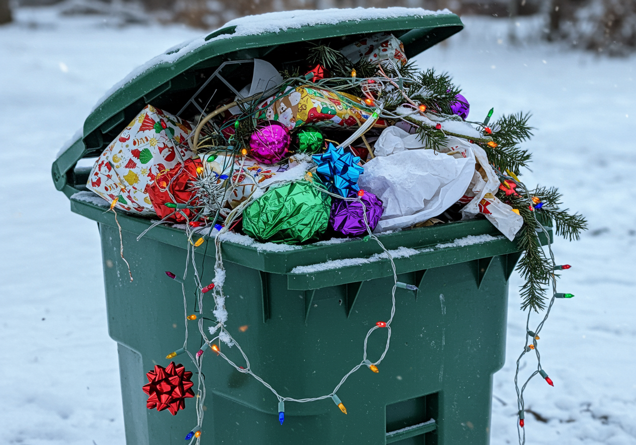 after Christmas trash bin close up
