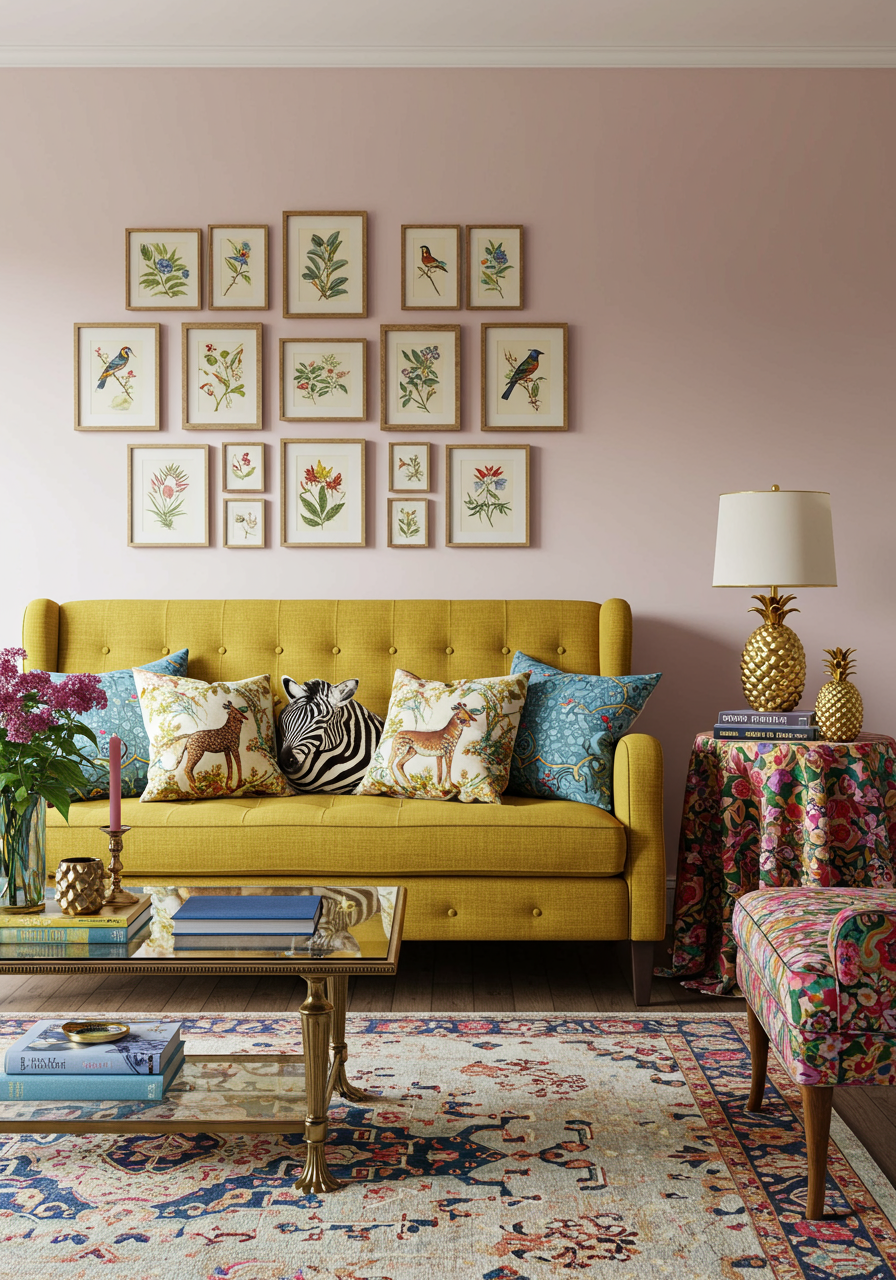 Retro living room with a mustart yellow sofa dressed with animal print cushions