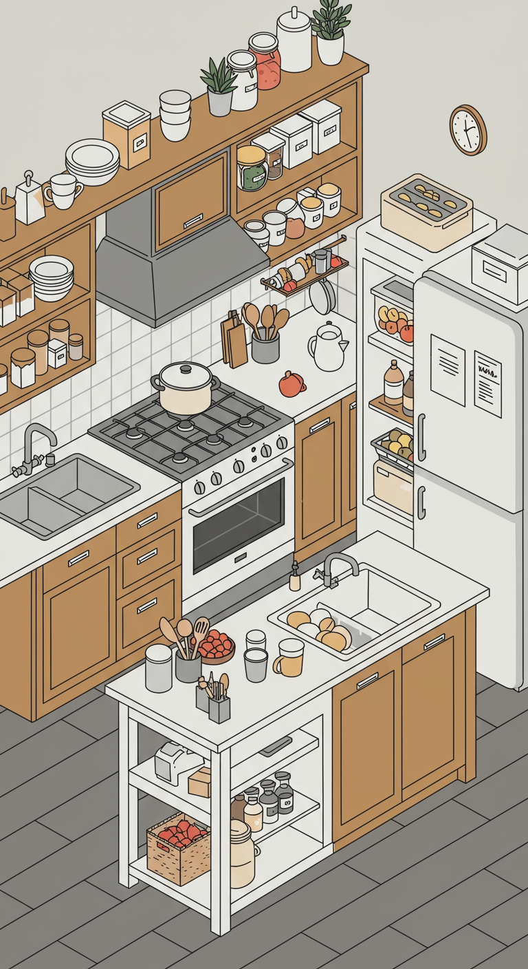 Illustrated organized kitchen with neatly arranged pantry items, dishes, and utensils.