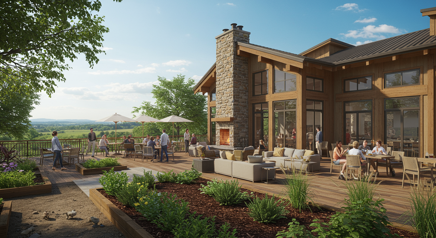 Modern clubhouse with a stone chimney, furnished terrace, and landscaped gardens overlooking green hills.